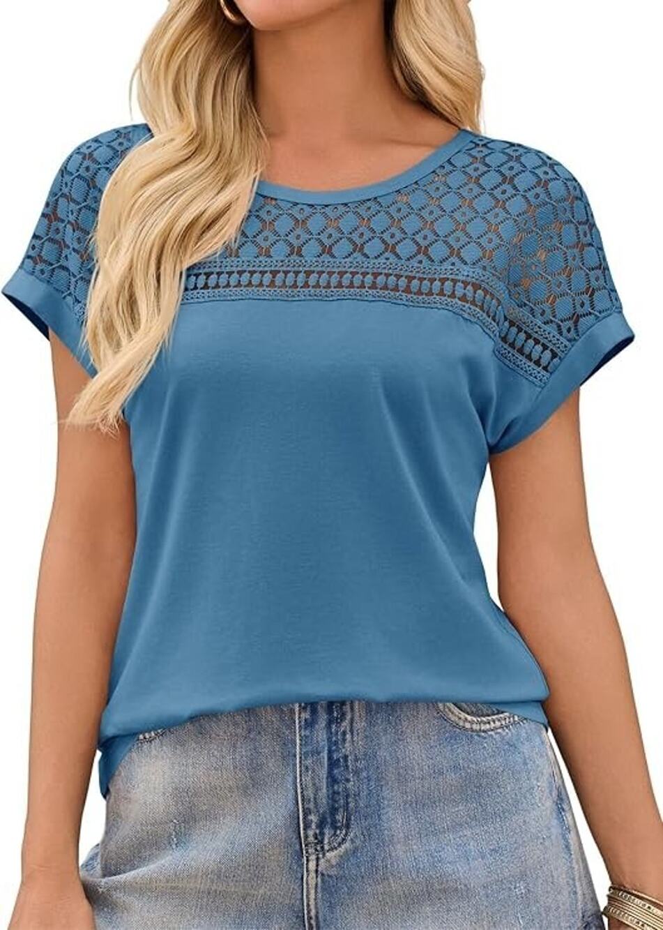 Imily Bela Women Lace Short Sleeve Blouse Blue Green Hollow Out Summer Top New
